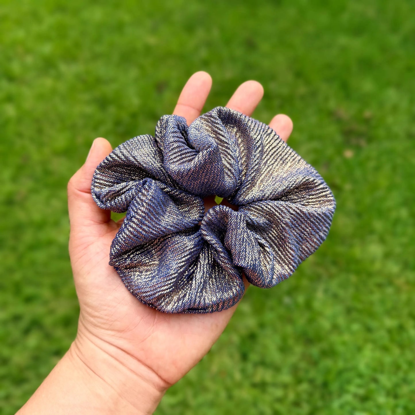 Metallic Gold and Royal Blue Scrunchie | Shimmer Hair Tie | Sparkly Scrunchie | Statement Hair Accessory | Handmade Elastic Scrunchie