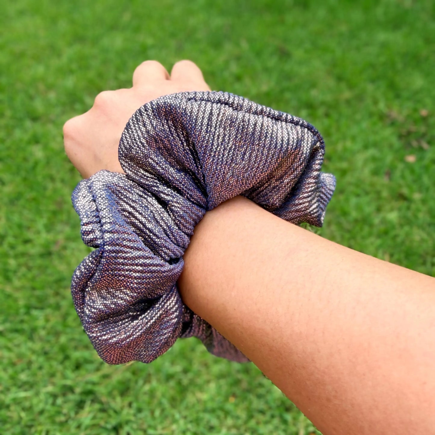 Metallic Gold and Royal Blue Scrunchie | Shimmer Hair Tie | Sparkly Scrunchie | Statement Hair Accessory | Handmade Elastic Scrunchie