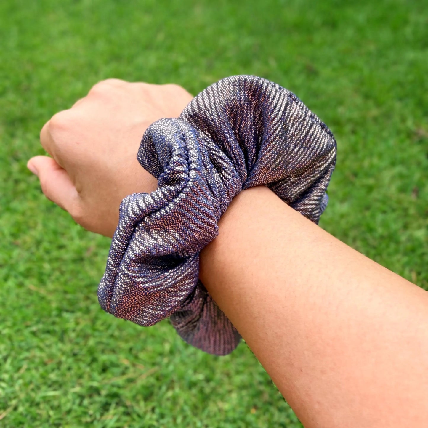 Metallic Gold and Royal Blue Scrunchie | Shimmer Hair Tie | Sparkly Scrunchie | Statement Hair Accessory | Handmade Elastic Scrunchie