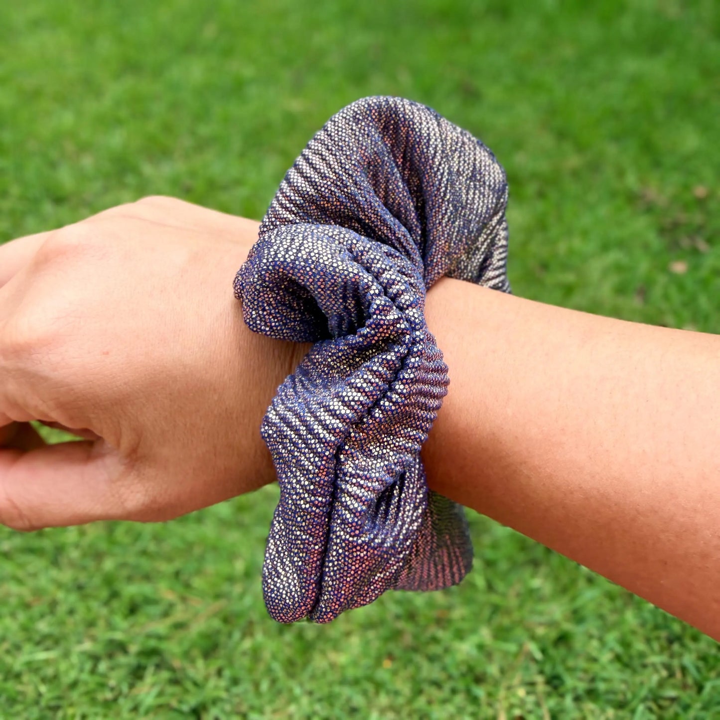 Metallic Gold and Royal Blue Scrunchie | Shimmer Hair Tie | Sparkly Scrunchie | Statement Hair Accessory | Handmade Elastic Scrunchie