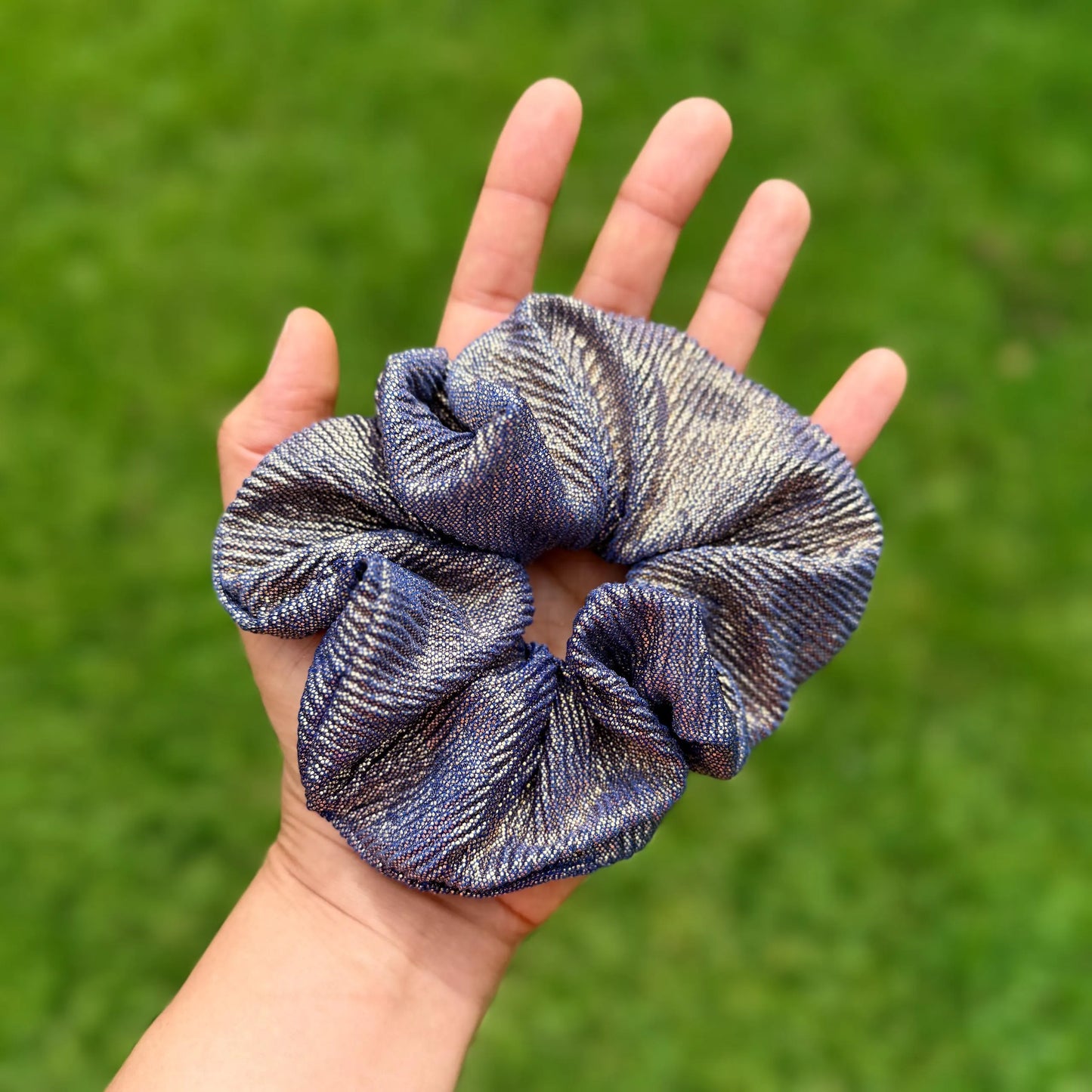 Metallic Gold and Royal Blue Scrunchie | Shimmer Hair Tie | Sparkly Scrunchie | Statement Hair Accessory | Handmade Elastic Scrunchie
