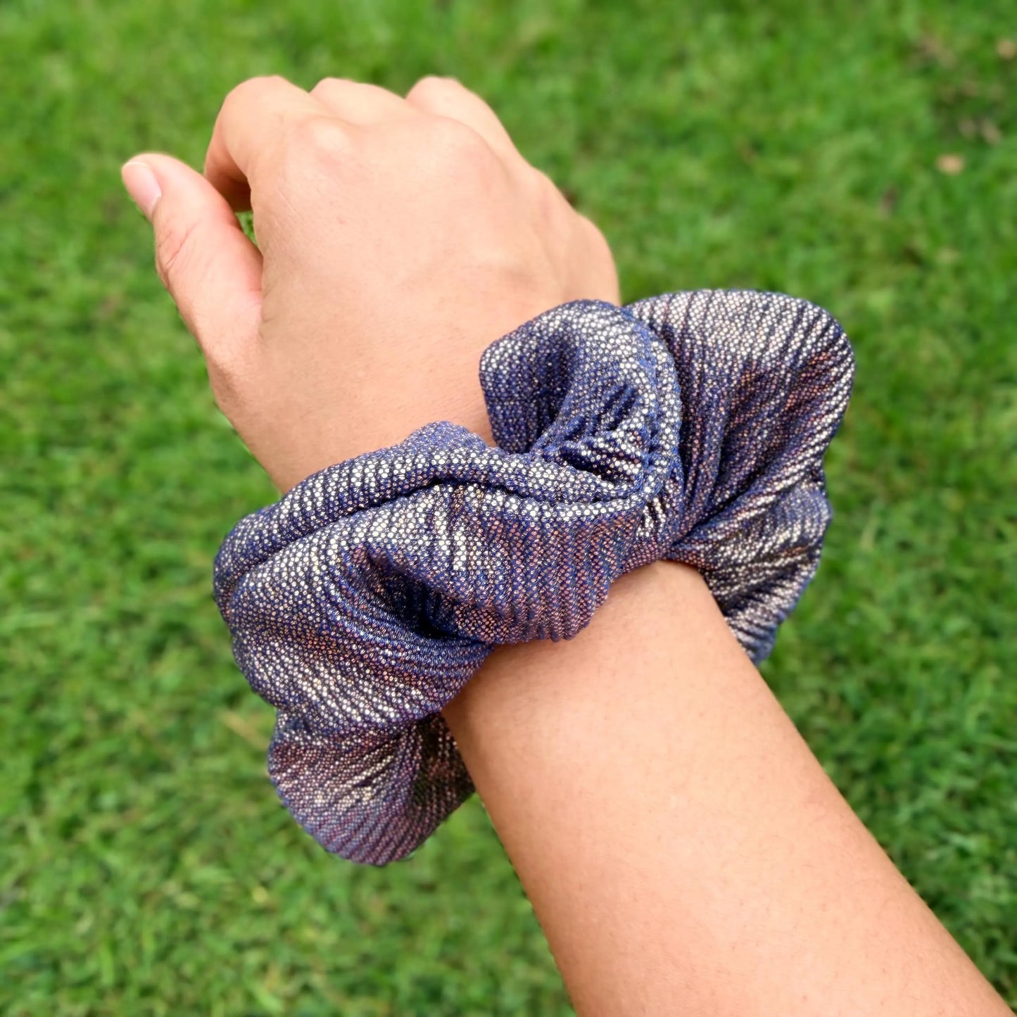 Metallic Gold and Royal Blue Scrunchie | Shimmer Hair Tie | Sparkly Scrunchie | Statement Hair Accessory | Handmade Elastic Scrunchie
