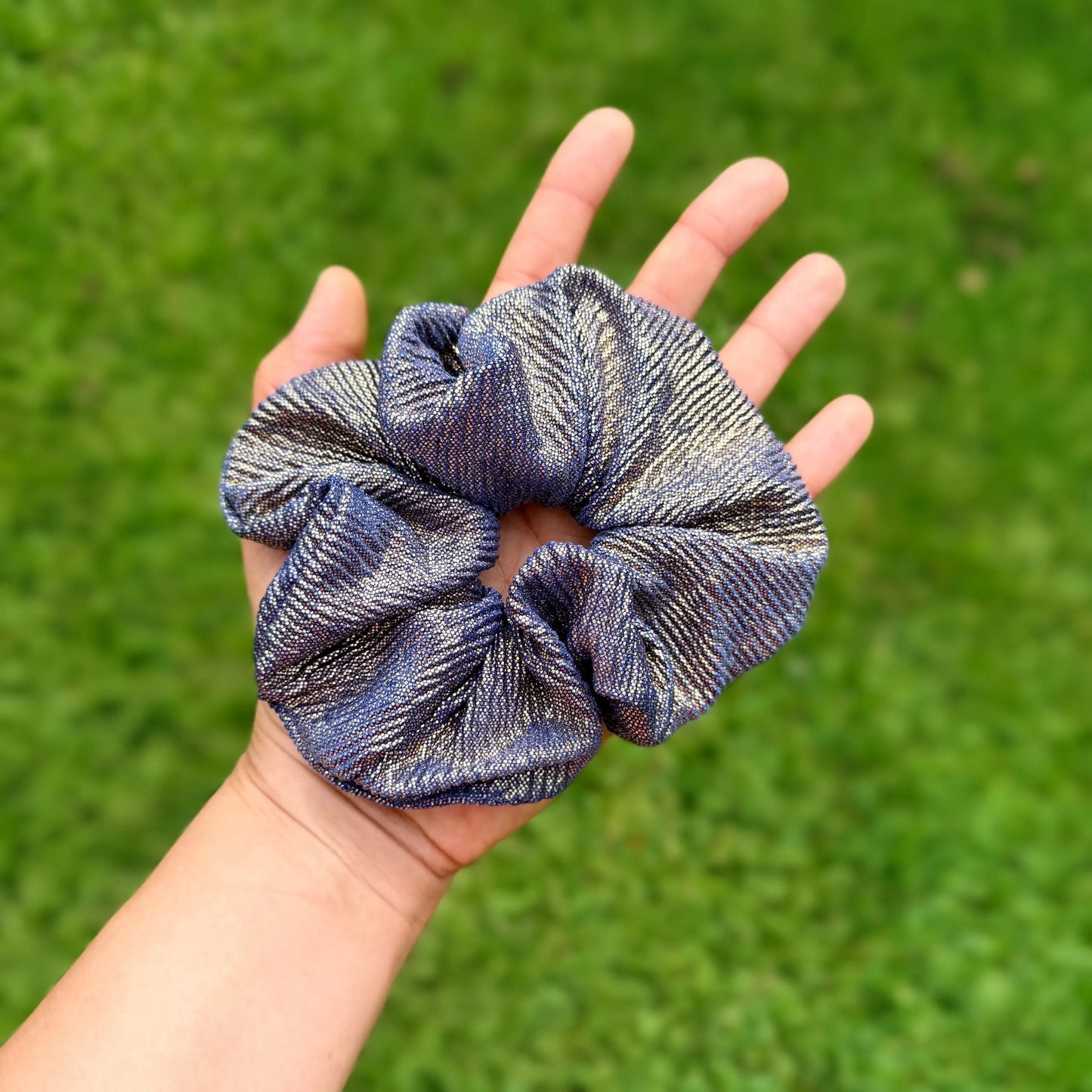Metallic Gold and Royal Blue Scrunchie | Shimmer Hair Tie | Sparkly Scrunchie | Statement Hair Accessory | Handmade Elastic Scrunchie