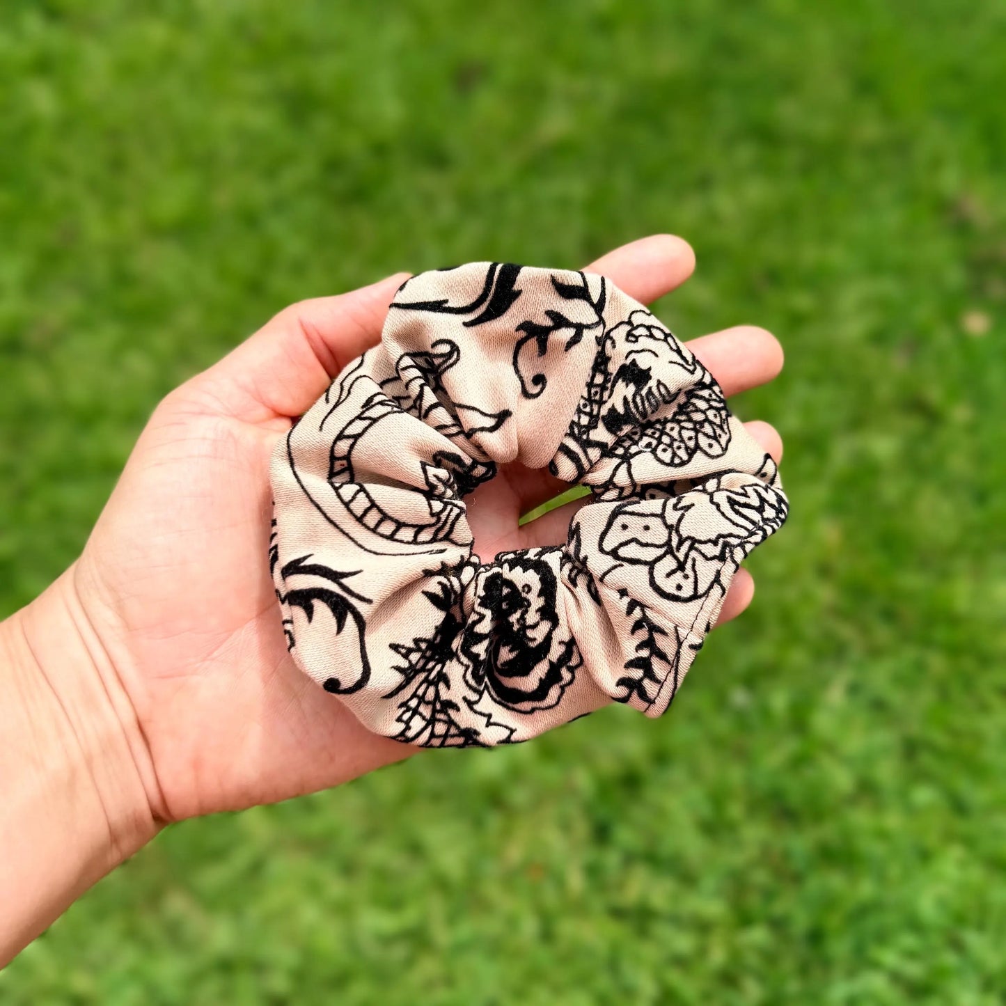 Neutral Beige & Black Floral Scrunchie – Minimalist Hair Tie, Everyday Elegant Hair Accessory