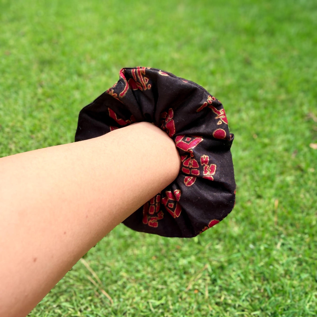 Black, Gold, & Red African Elephant and Coffee Beans Scrunchie – Bold Elegant Hair Tie, Statement Hair Accessory