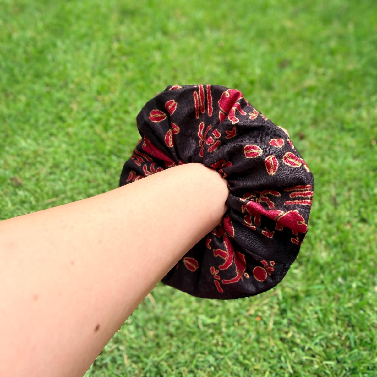 Black, Gold, & Red African Elephant and Coffee Beans Scrunchie – Bold Elegant Hair Tie, Statement Hair Accessory