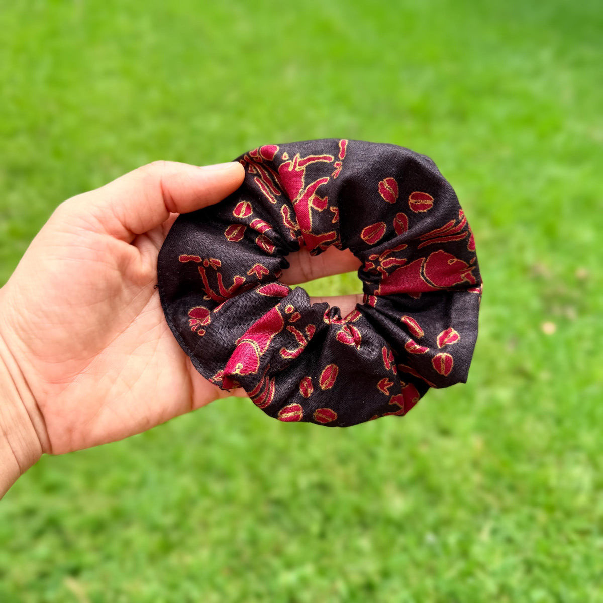 Black, Gold, & Red African Elephant and Coffee Beans Scrunchie – Bold Elegant Hair Tie, Statement Hair Accessory