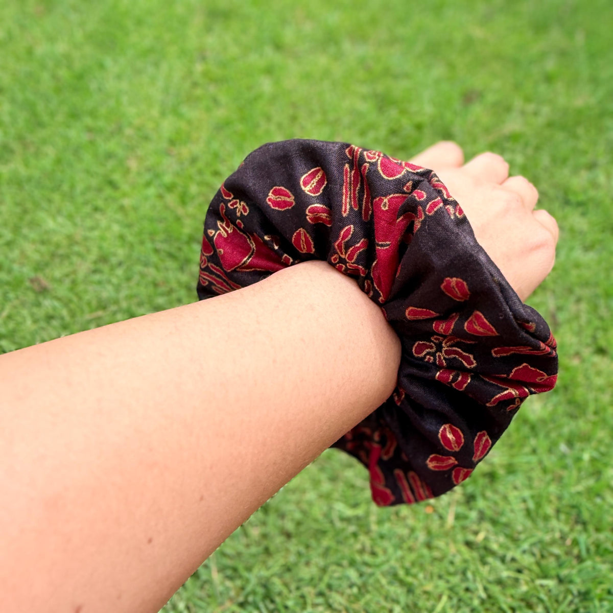 Black, Gold, & Red African Elephant and Coffee Beans Scrunchie – Bold Elegant Hair Tie, Statement Hair Accessory