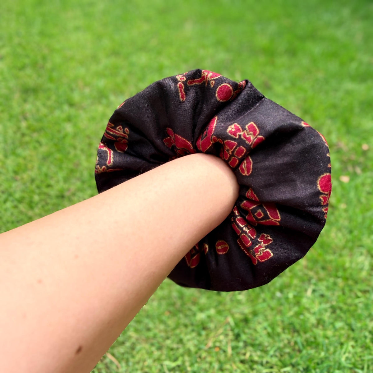 Black, Gold, & Red African Elephant and Coffee Beans Scrunchie – Bold Elegant Hair Tie, Statement Hair Accessory