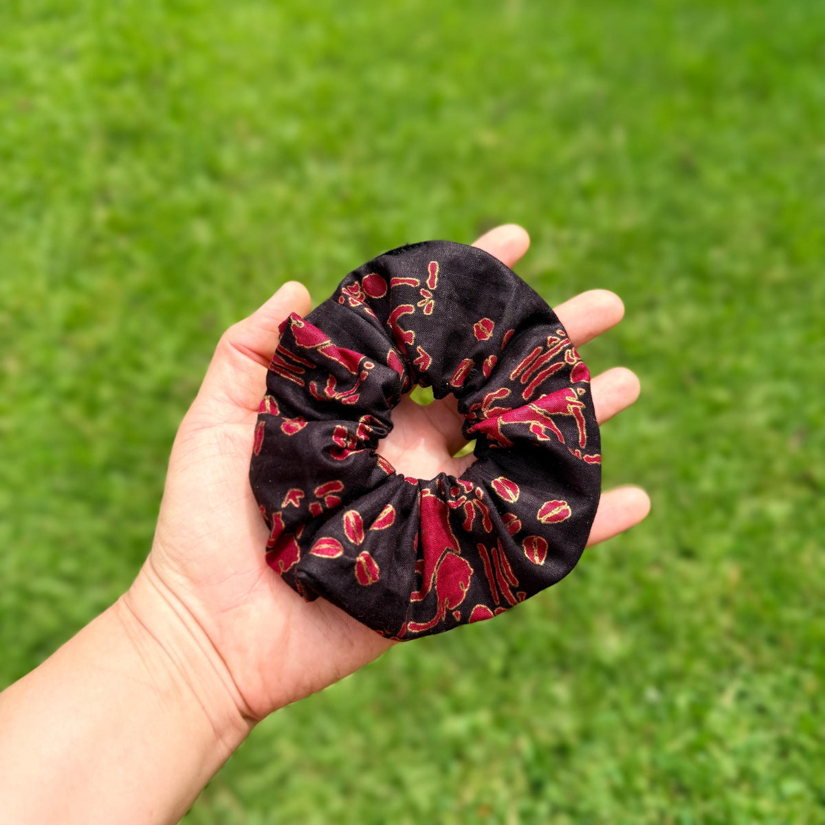 Black, Gold, & Red African Elephant and Coffee Beans Scrunchie – Bold Elegant Hair Tie, Statement Hair Accessory