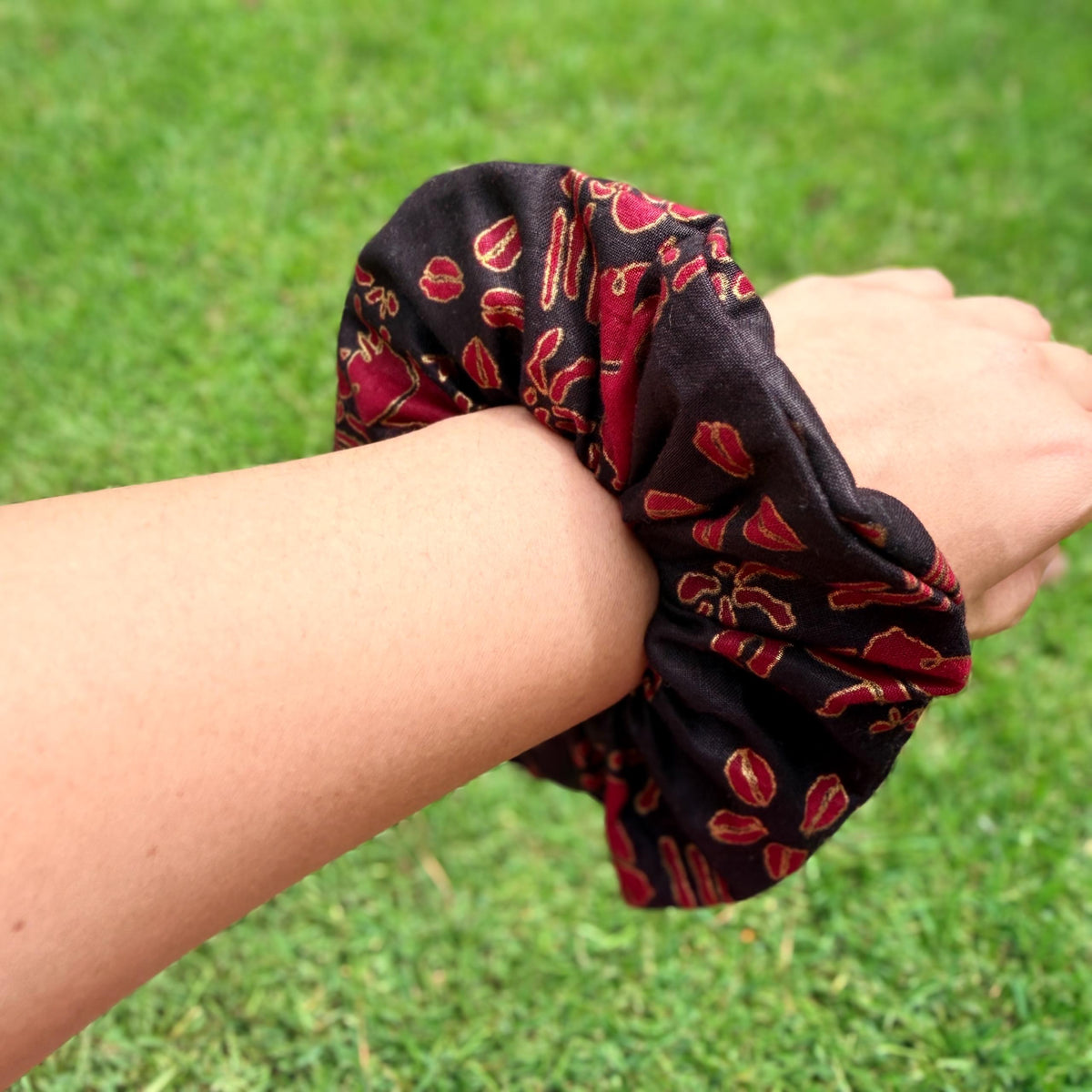 Black, Gold, & Red African Elephant and Coffee Beans Scrunchie – Bold Elegant Hair Tie, Statement Hair Accessory