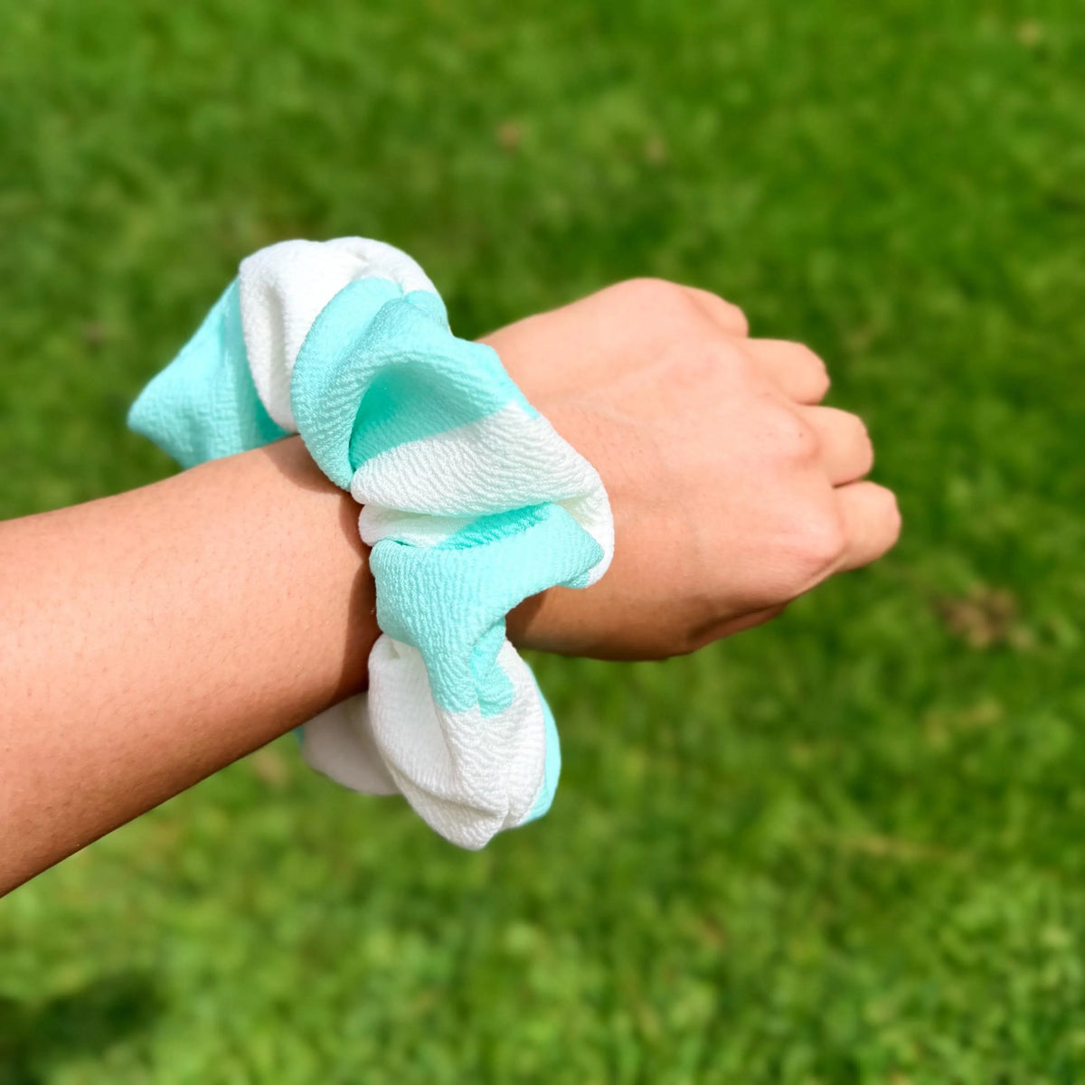 Mint & White Striped Scrunchie | Textured Fabric Hair Tie | Preppy Summer Scrunchie | Cabana Stripe Hair Accessory | Handmade Gift
