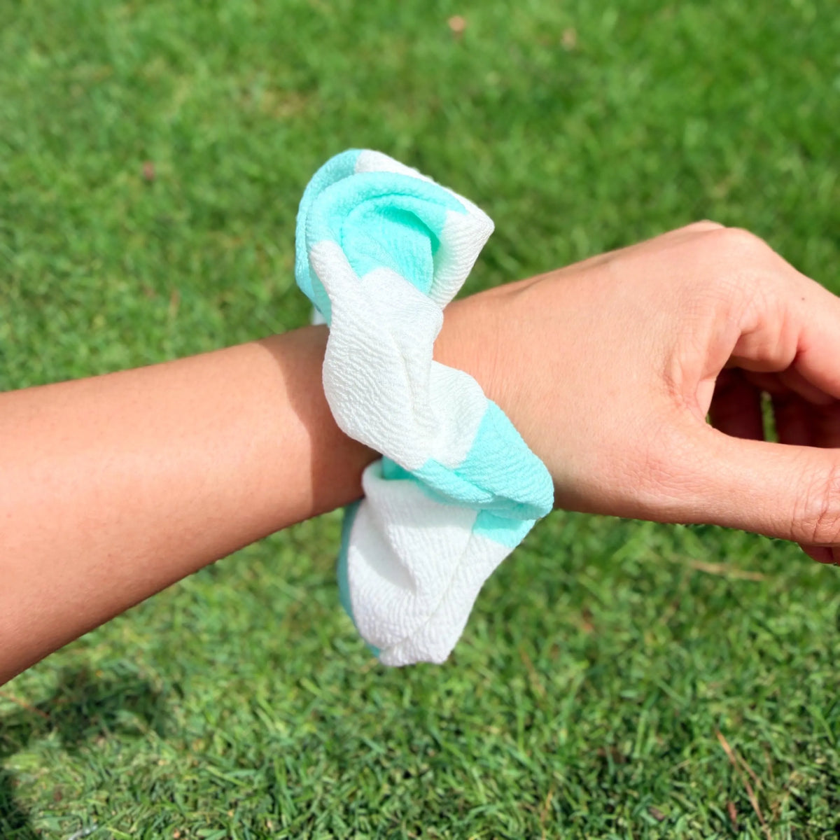 Mint & White Striped Scrunchie | Textured Fabric Hair Tie | Preppy Summer Scrunchie | Cabana Stripe Hair Accessory | Handmade Gift
