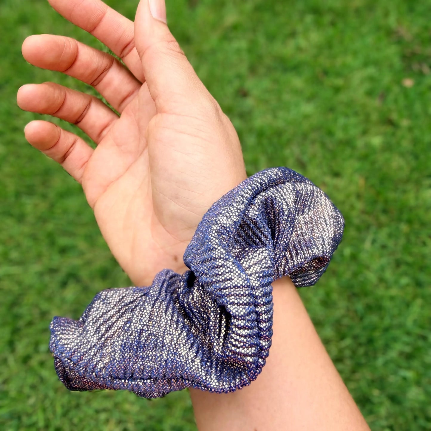Metallic Gold and Royal Blue Scrunchie | Shimmer Hair Tie | Sparkly Scrunchie | Statement Hair Accessory | Handmade Elastic Scrunchie