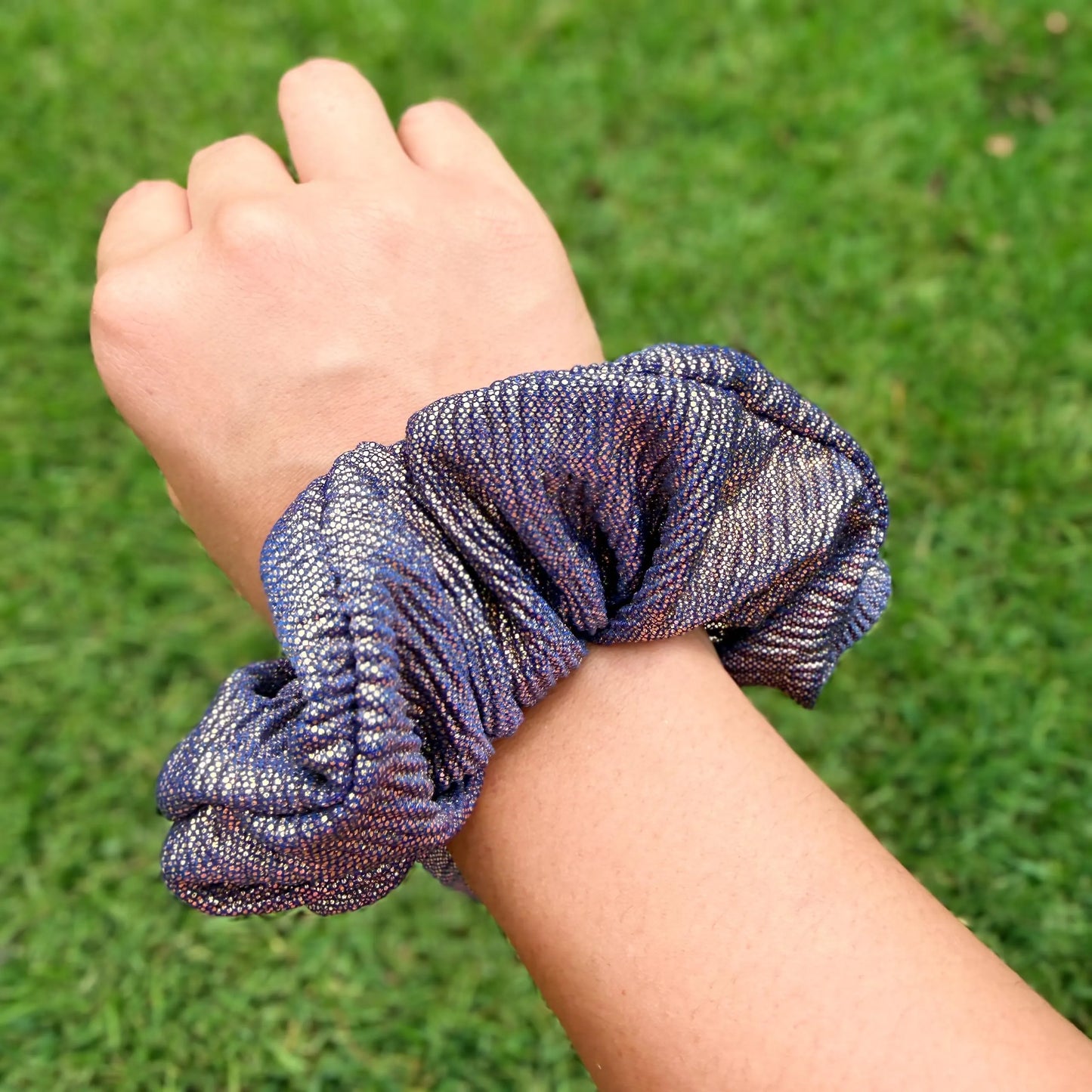 Metallic Gold and Royal Blue Scrunchie | Shimmer Hair Tie | Sparkly Scrunchie | Statement Hair Accessory | Handmade Elastic Scrunchie