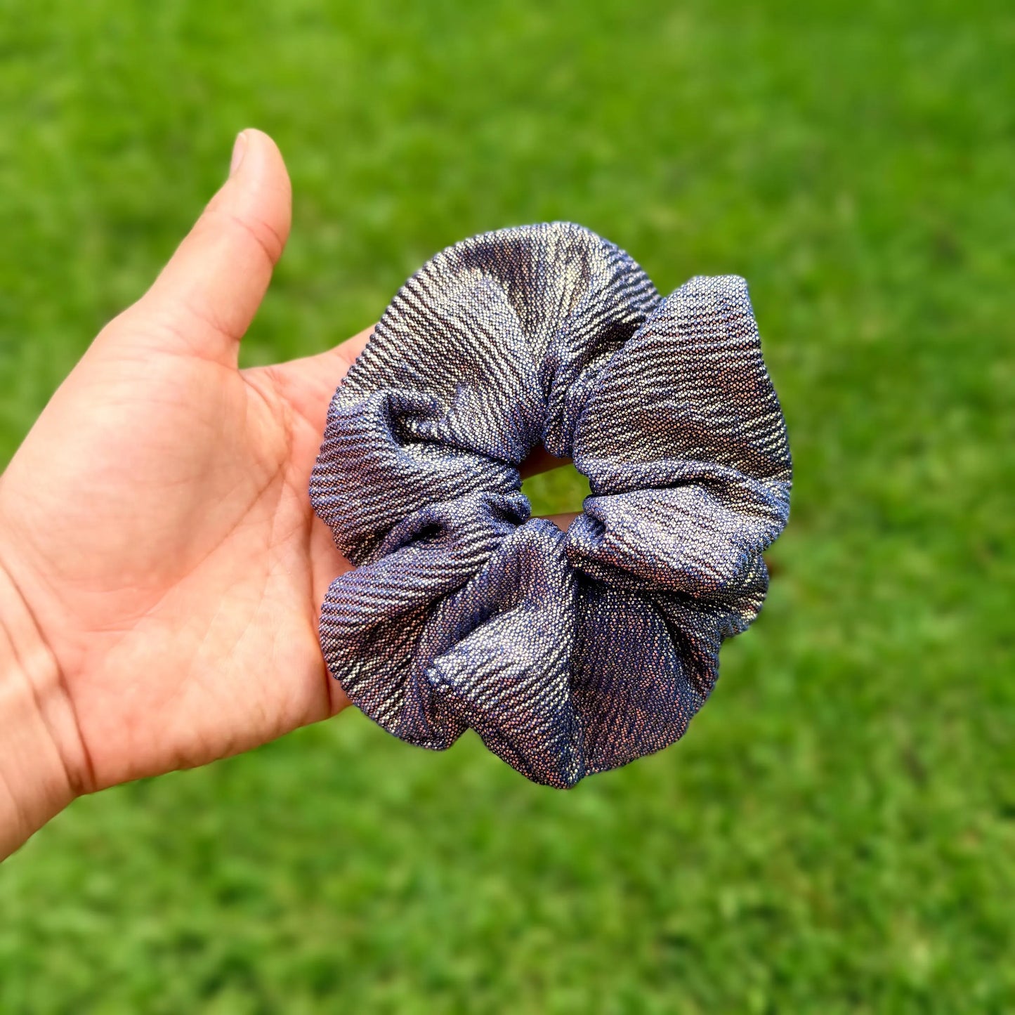 Metallic Gold and Royal Blue Scrunchie | Shimmer Hair Tie | Sparkly Scrunchie | Statement Hair Accessory | Handmade Elastic Scrunchie