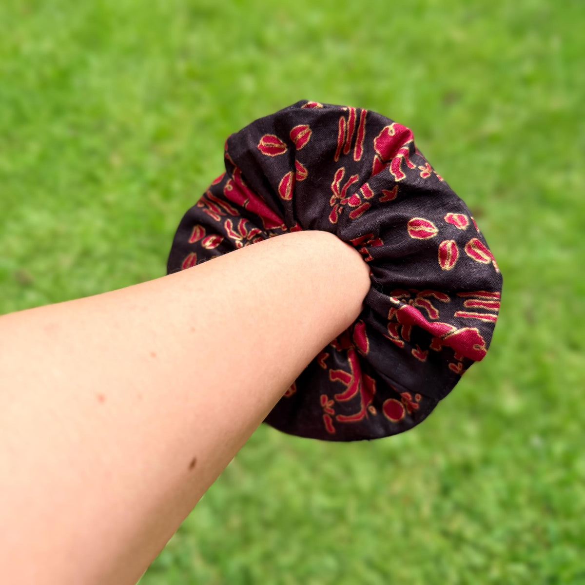 Black, Gold, & Red African Elephant and Coffee Beans Scrunchie – Bold Elegant Hair Tie, Statement Hair Accessory