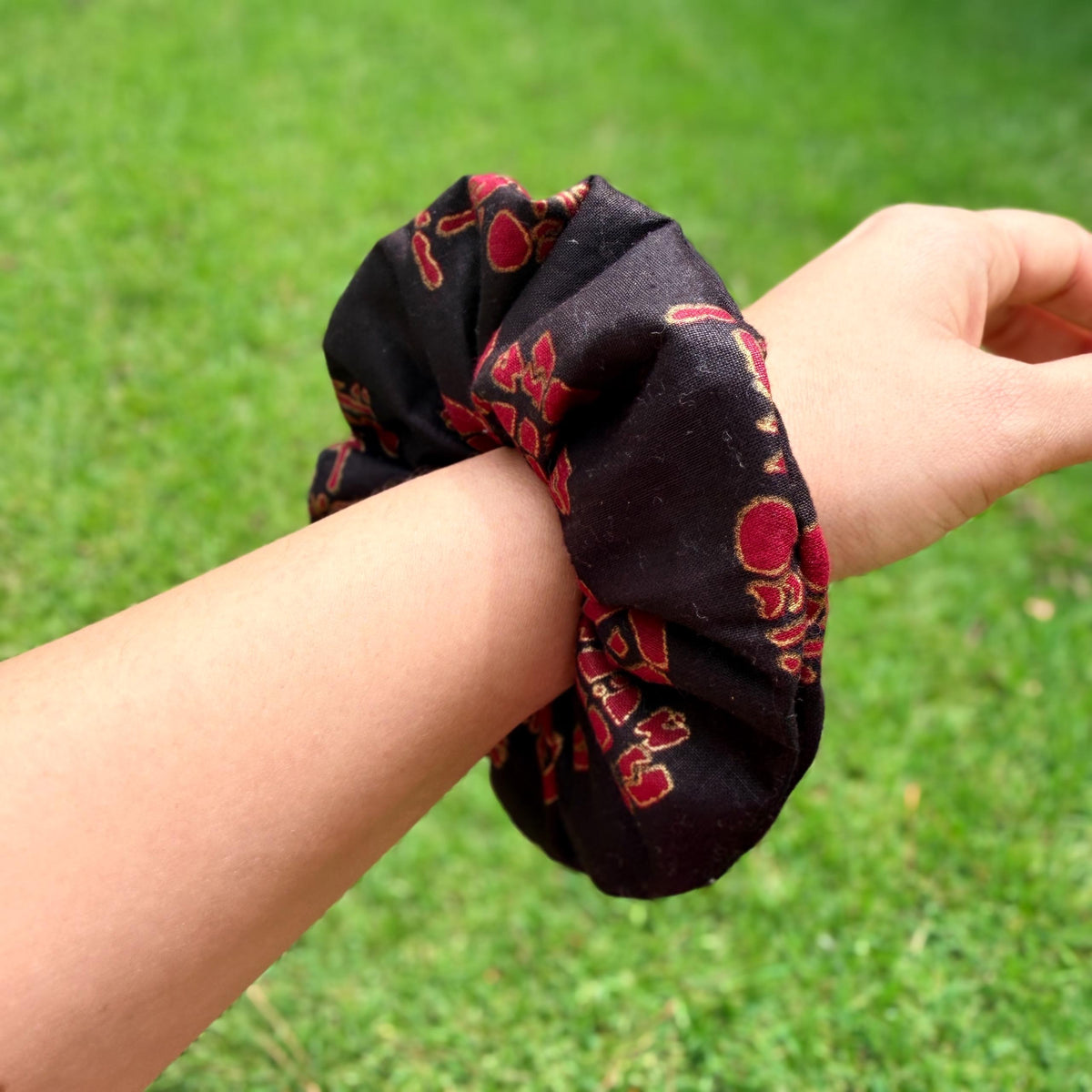 Black, Gold, & Red African Elephant and Coffee Beans Scrunchie – Bold Elegant Hair Tie, Statement Hair Accessory
