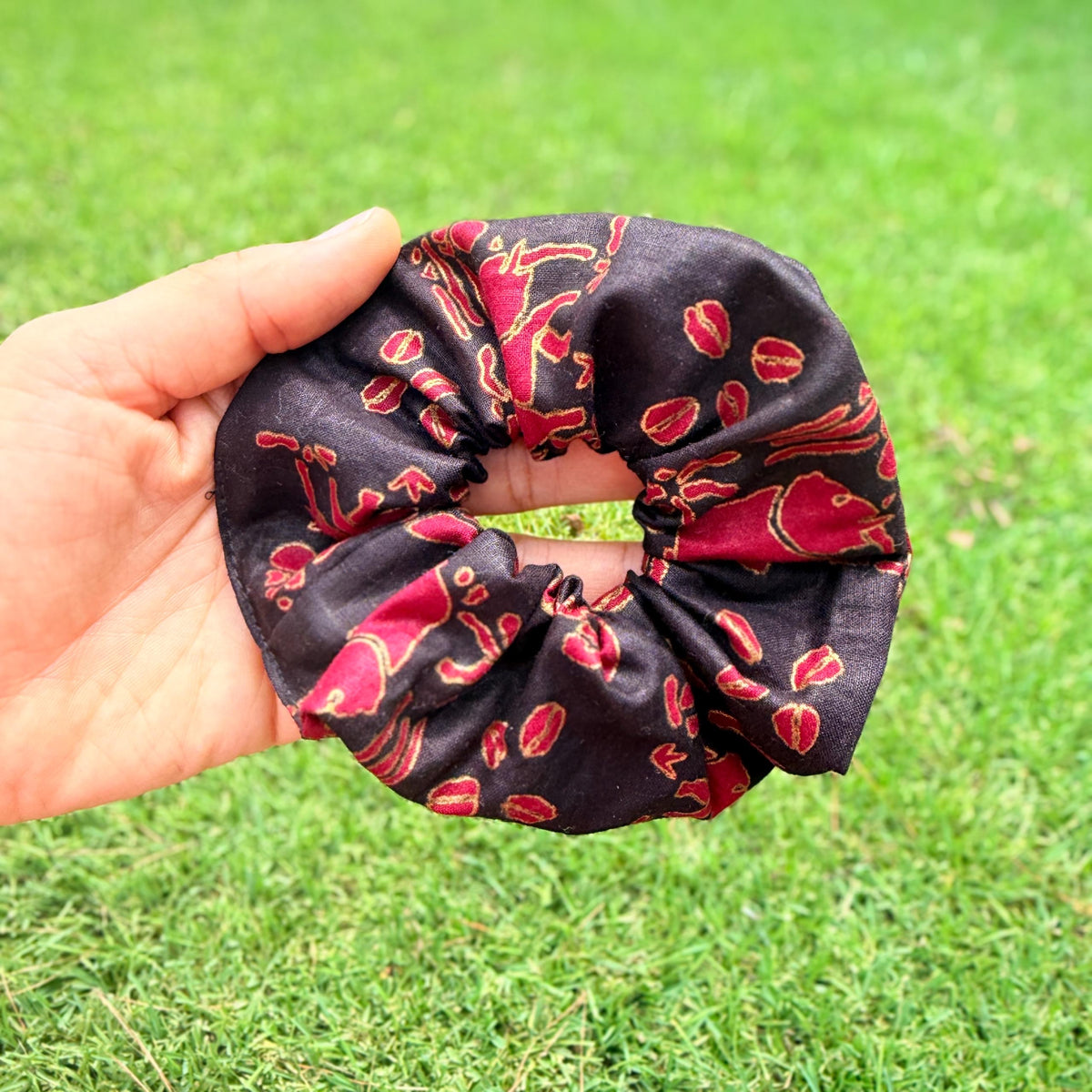 Black, Gold, & Red African Elephant and Coffee Beans Scrunchie – Bold Elegant Hair Tie, Statement Hair Accessory