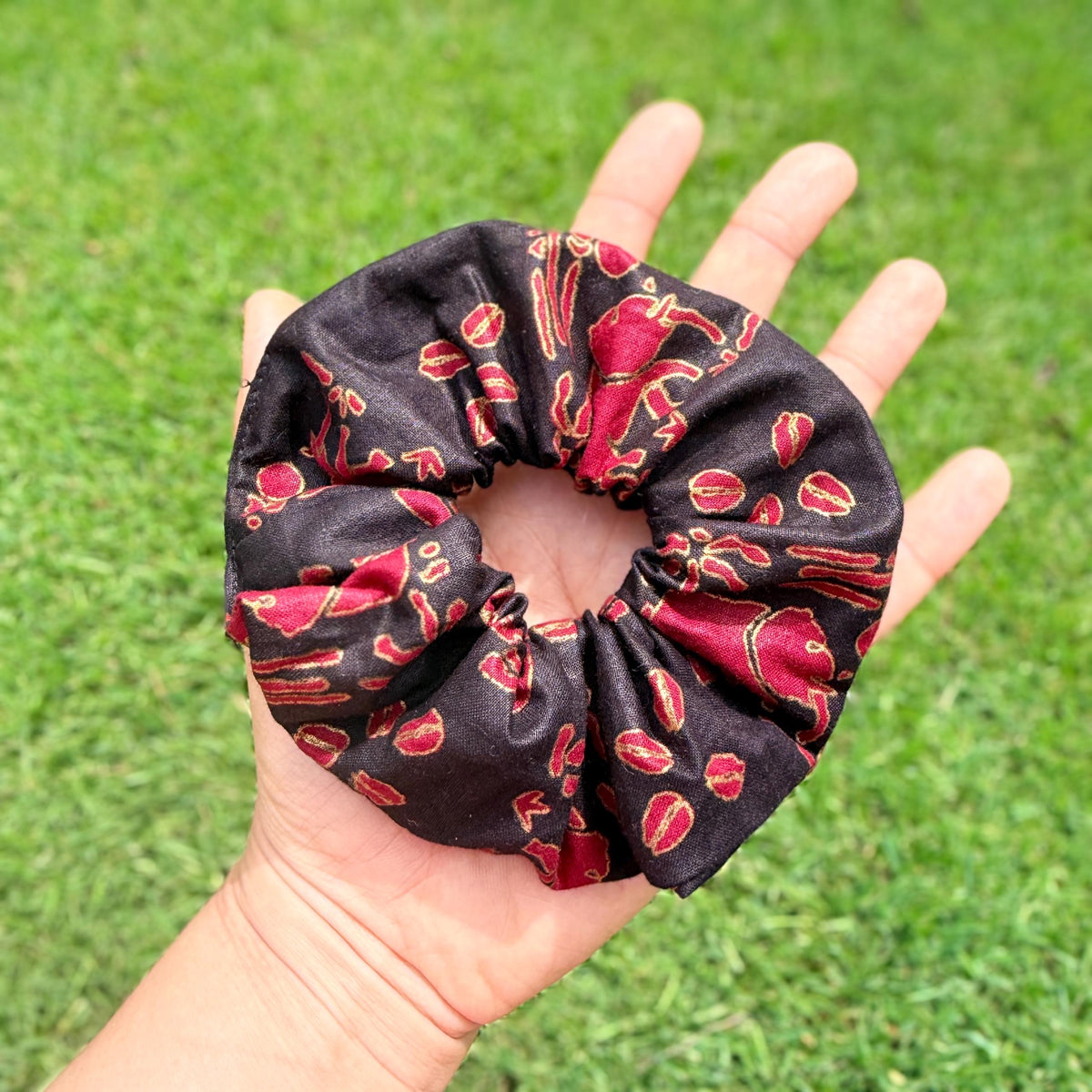 Black, Gold, & Red African Elephant and Coffee Beans Scrunchie – Bold Elegant Hair Tie, Statement Hair Accessory