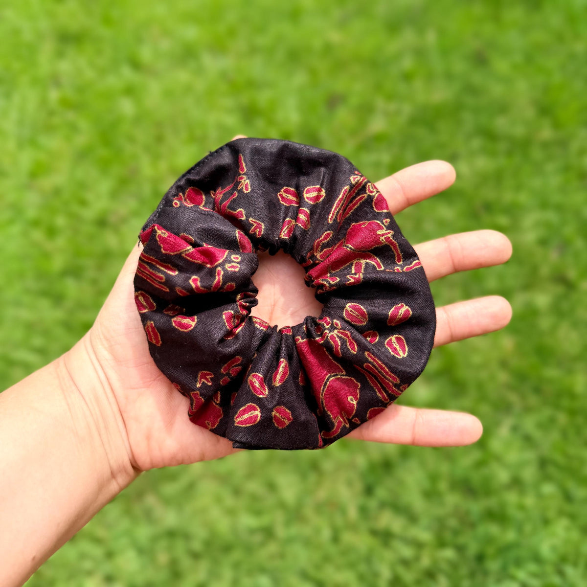 Black, Gold, & Red African Elephant and Coffee Beans Scrunchie – Bold Elegant Hair Tie, Statement Hair Accessory