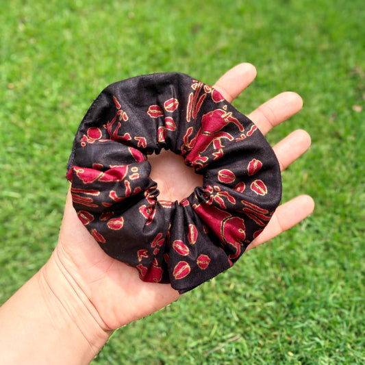 Black, Gold, & Red African Elephant and Coffee Beans Scrunchie – Bold Elegant Hair Tie, Statement Hair Accessory