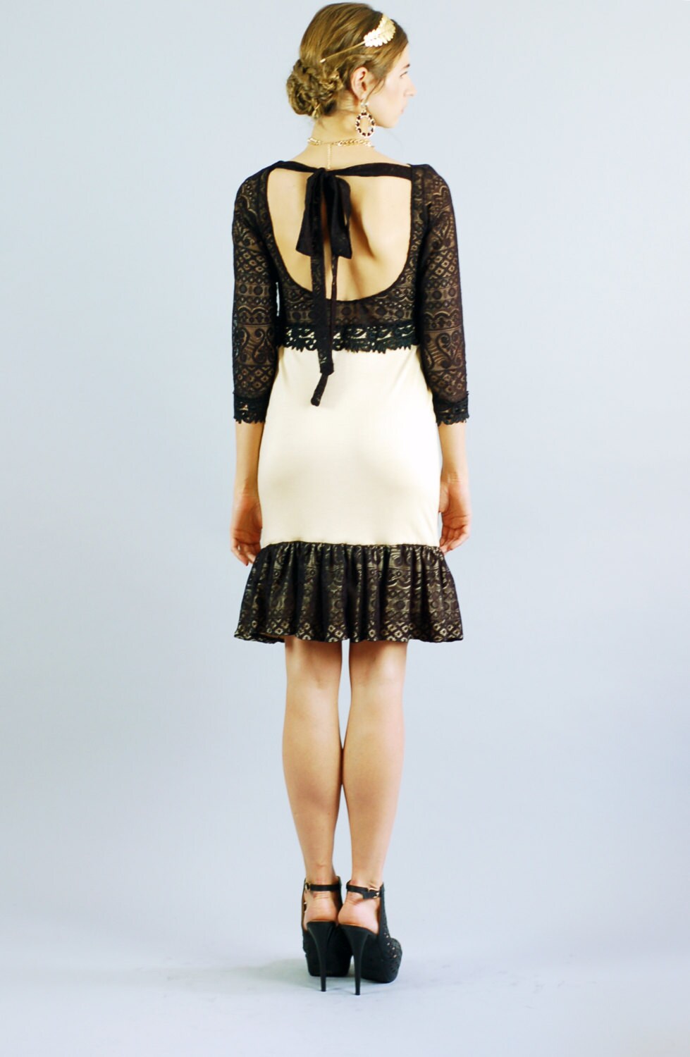 Anne Black Lace and Tan Mini Dress-Size S