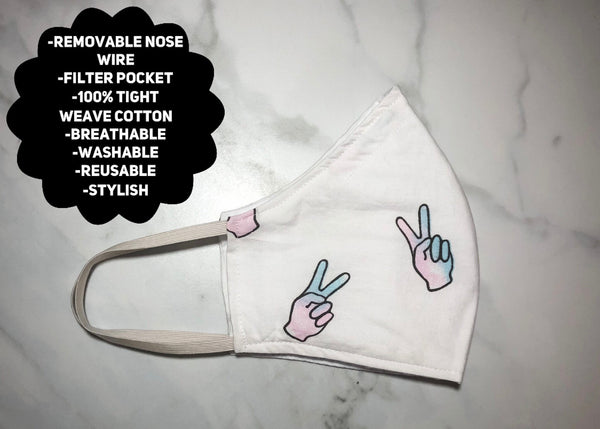 100% Cotton 3 Layer Deuces Peace sign Face Masks with removable nose wire and Filter Pocket
