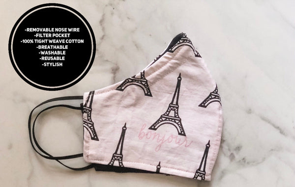 100% Cotton 3 Layer Light Pink Eiffel Tower Print Face Masks with removable nose wire and Filter Pocket