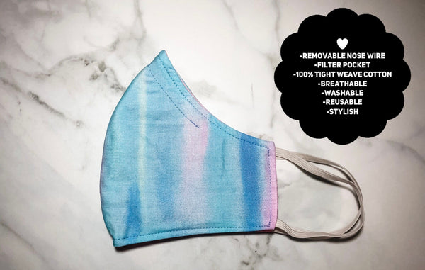 100% Cotton 3 Layer Cotton Candy Tie Dye Face Masks with removable nose wire and Filter Pocket
