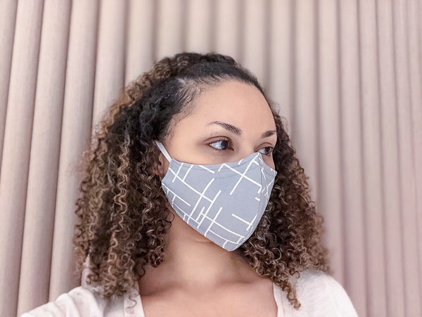 100% Cotton 3 Layer Gray Geo Print Face Mask with removable nose wire and Filter Pocket