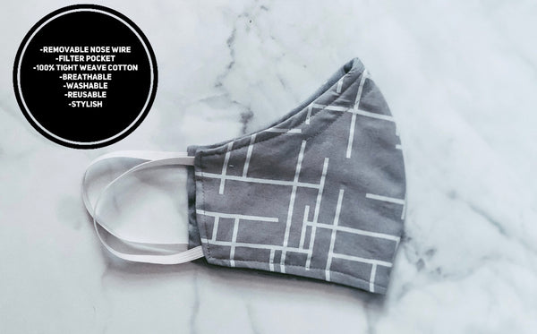 100% Cotton 3 Layer Gray Geo Print Face Mask with removable nose wire and Filter Pocket