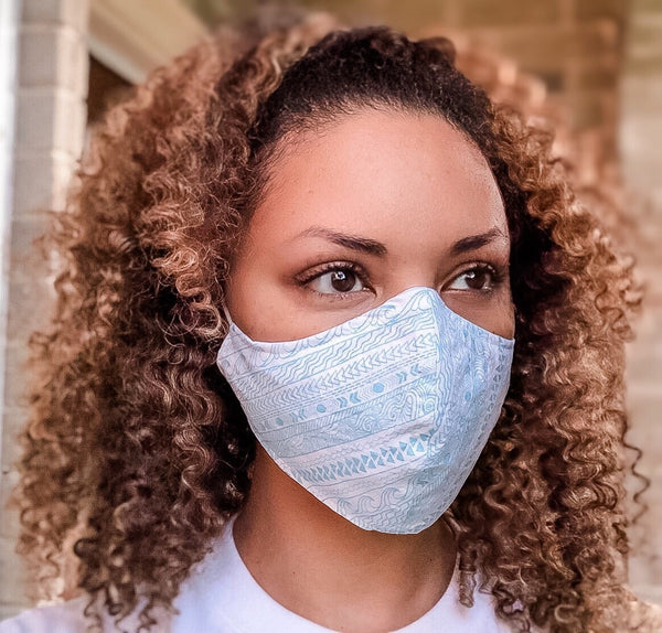 100% Cotton 3 Layer Aqua Tribal Wave Print Face Masks with removable nose wire and Filter Pocket