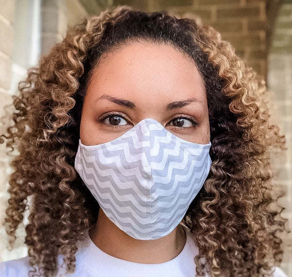 100% Cotton 3 Layer Gray Wavy Chevron Print Face Masks with removable nose wire and Filter Pocket