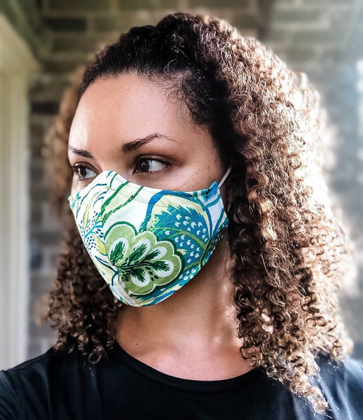 100% Cotton 3 Layer Teal and Lime Floral Print Face Masks with removable nose wire and Filter Pocket, Face mask, Fashion Face covering