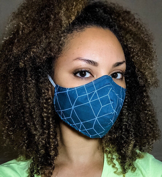 100% Cotton 3 Layer Indigo Geometric Print Face Masks with removable nose wire and Filter Pocket
