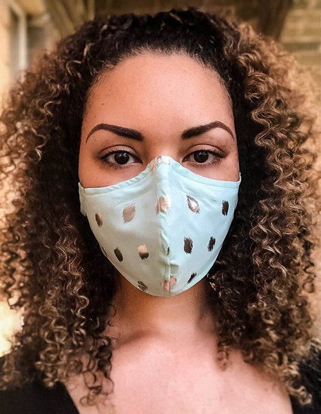 100% Cotton 3 Layer Mint Silver Metallic Dot Print Face Masks with removable nose wire and Filter Pocket