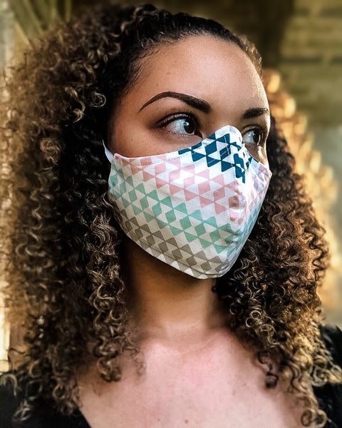 100% Cotton 3 Layer Pastel Triangle Geo Print Face Masks with removable nose wire and Filter Pocket