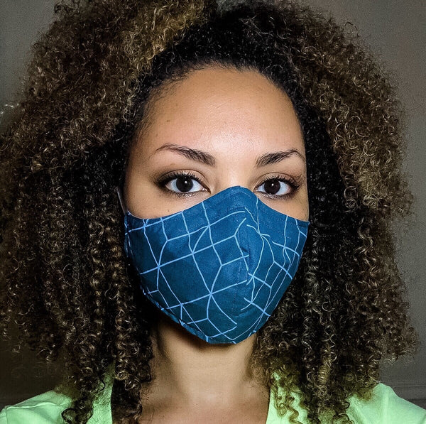100% Cotton 3 Layer Indigo Geometric Print Face Masks with removable nose wire and Filter Pocket