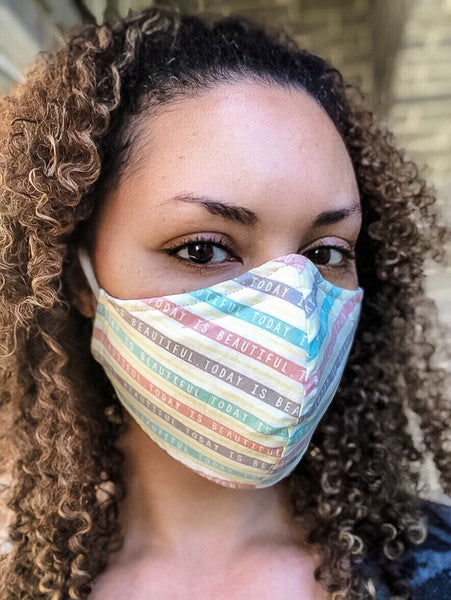 100% Cotton 3 Layer Today is Beautiful Print Face Masks with removable nose wire and Filter Pocket, Statement Mask, Positive Vibes Masks