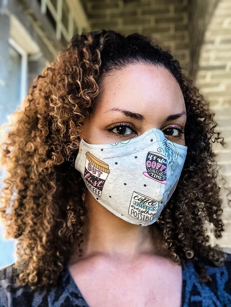 100% Cotton 3 Layer Coffee Lover Print Face Masks with removable nose wire and Filter Pocket