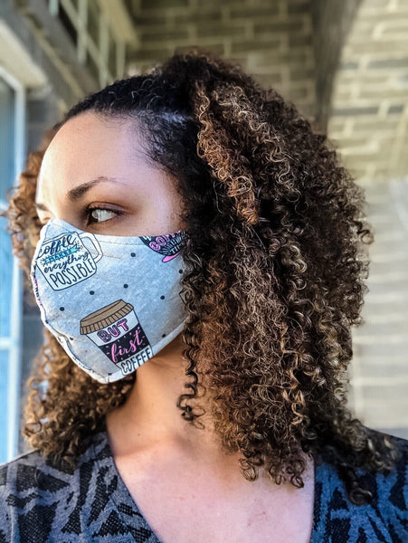 100% Cotton 3 Layer Coffee Lover Print Face Masks with removable nose wire and Filter Pocket