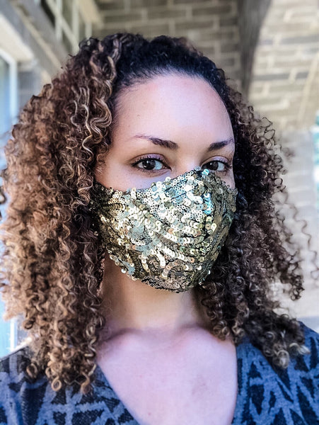 4 Layer Gold Swirl Sequin Glam Face Masks with removable nose wire and Filter Pocket, Fancy Mask, Gifts, Fashion Mask, Mask with wire