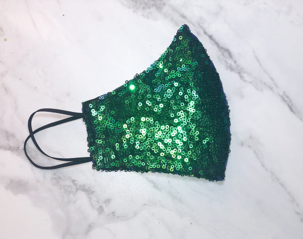 4 Layer Green Mermaid Iridescent Sequin Glam Face Masks with removable nose wire and Filter Pocket, Gift for her, face mask washable mask