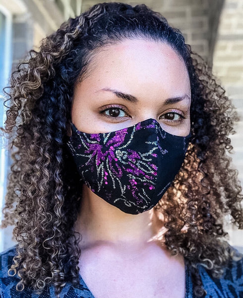 4 Layer Black, Fuschia, and Silver Glitter Glam Face Masks with removable nose wire and Filter Pocket, Black Glitter Mask, Fancy Mask