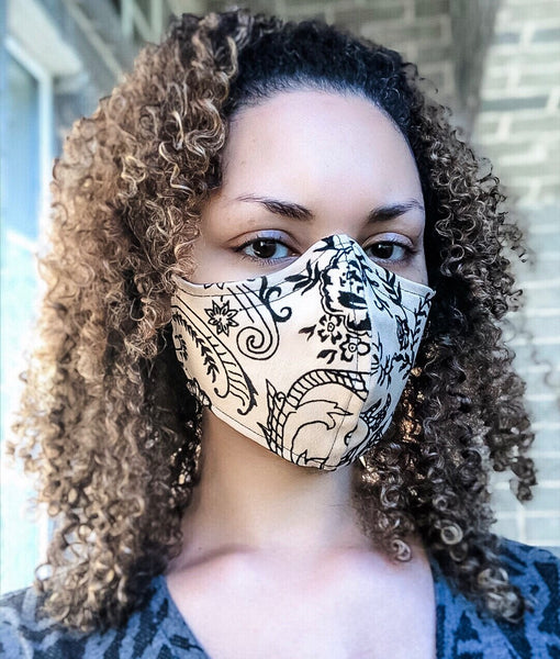100% Cotton 3 Layer Tan & Black Velvety Floral Print Face Masks with removable nose wire and Filter Pocket, Fashion Mask, Victorian Inspired