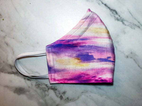 100% Cotton 3 Layer Watercolor Sunset Print Face Masks with removable nose wire and Filter Pocket, Sunset Mask, Purple Mask