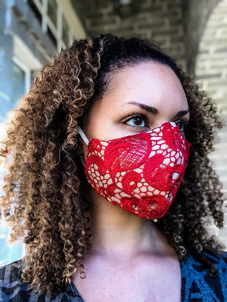 4 Layer Red Lace Cotton Lined Face Masks with removable nose wire and Filter Pocket
