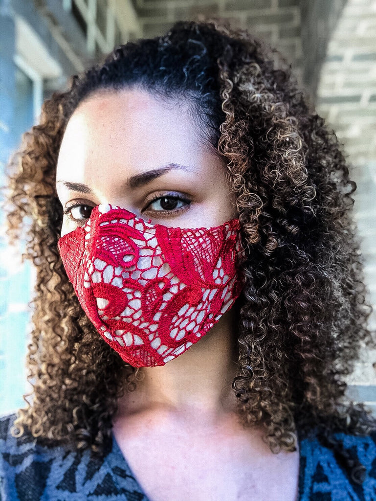 4 Layer Red Lace Cotton Lined Face Masks with removable nose wire and Filter Pocket