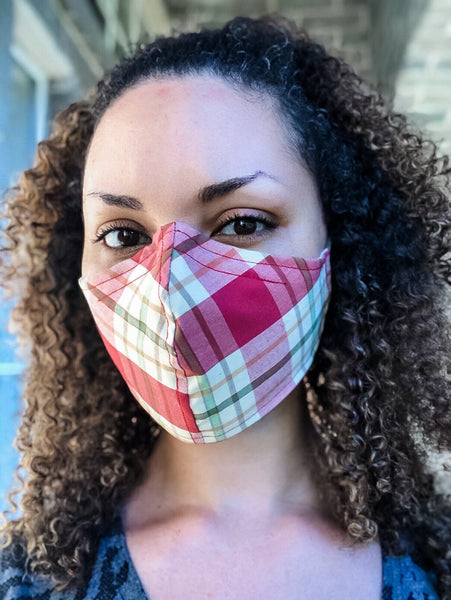 100% Cotton 3 Layer Red Striped Plaid Face Masks with removable nose wire and Filter Pocket, Fashion Face Mask, Plaid Mask